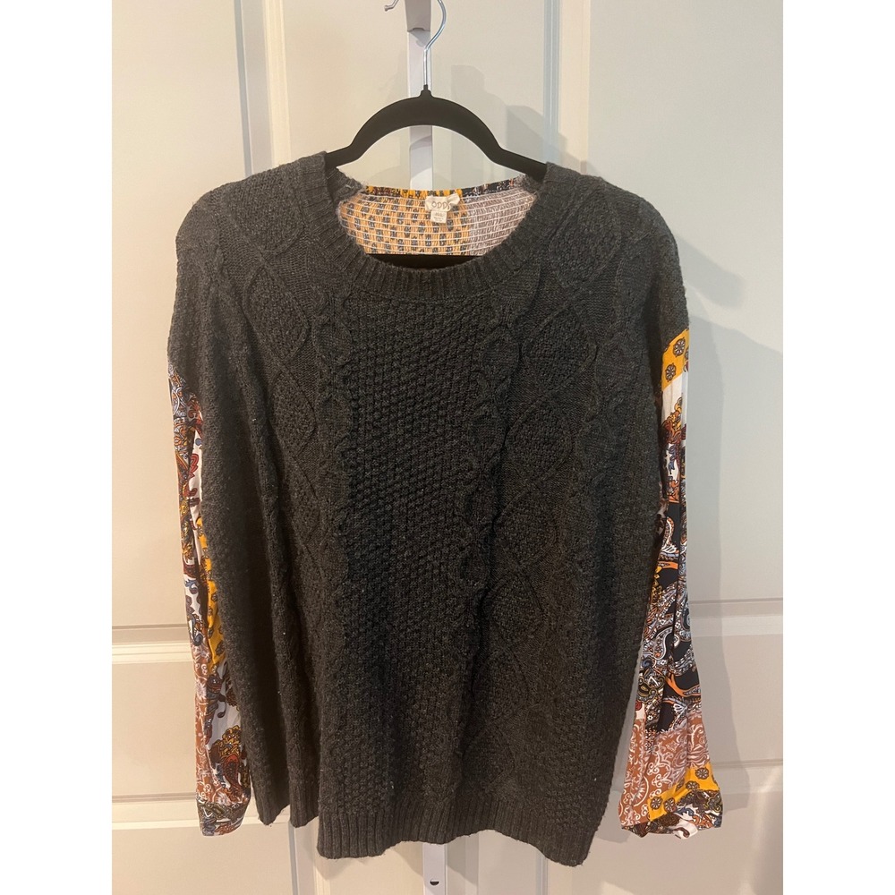 ODDI Mixed Media Cable Knit Sweater Paisley Patchwork Back Grey Boho M/L - Picture 3 of 8